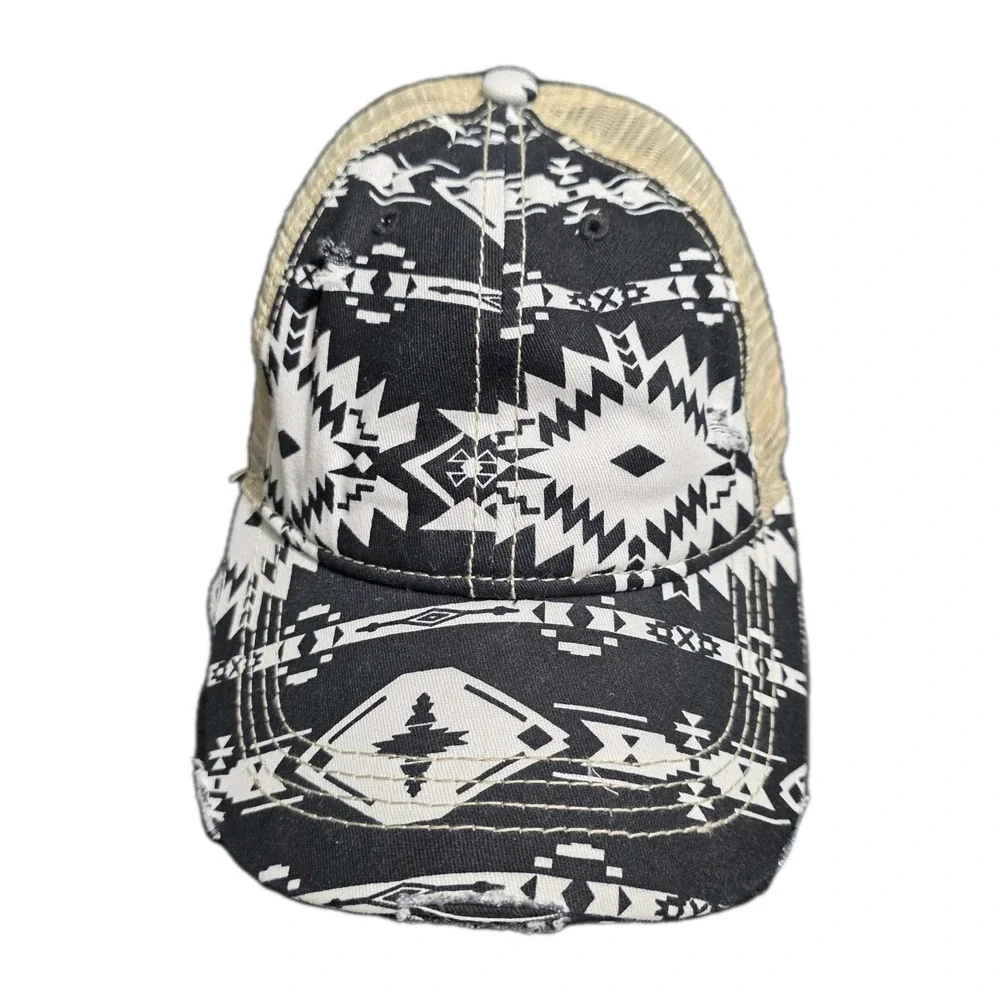 C.C Aztec Finish‎ Mesh Back Ponytail Baseball Cap Black & White Distressed Look